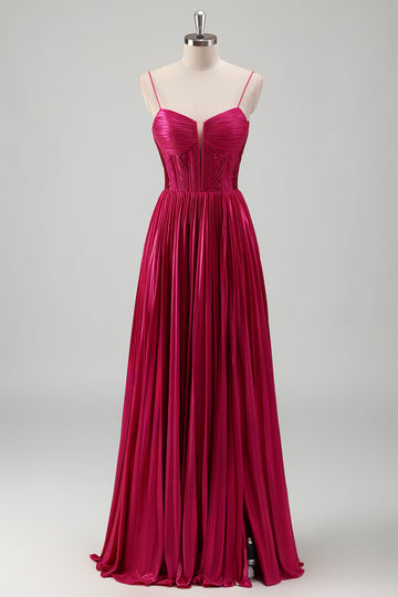 Fuchsia A Line Spaghetti stropper Korset plisseret bal kjole med blonder op tilbage